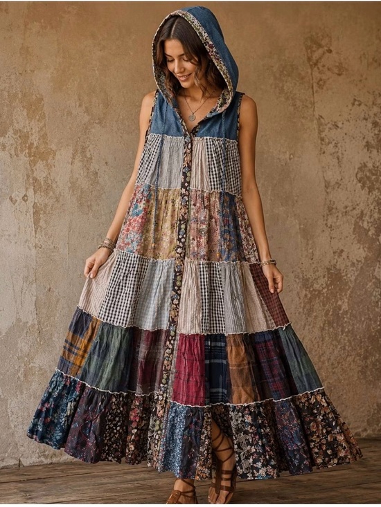 Young Threads Dresses & Skirts - Young threads Sleeveless Patchwork Hooded Maxi Dress in Mixed Prints